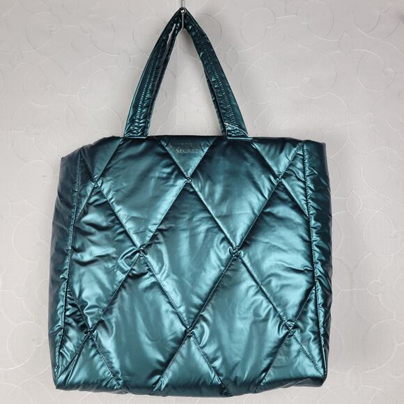 Victorias Secret Womens Tote Bag Large Green Metallic Quilted Puffer 14" NEW - Picture 4 of 16